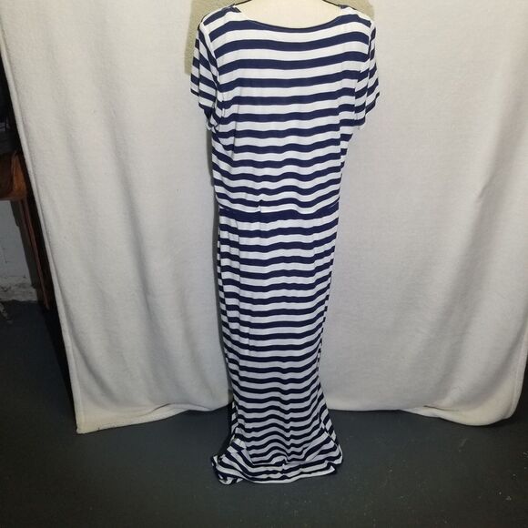 Chicos 3 (XL) Dress Maxi Navy Blue White Striped Jersey Nautical Coastal Comfort - Picture 4 of 9